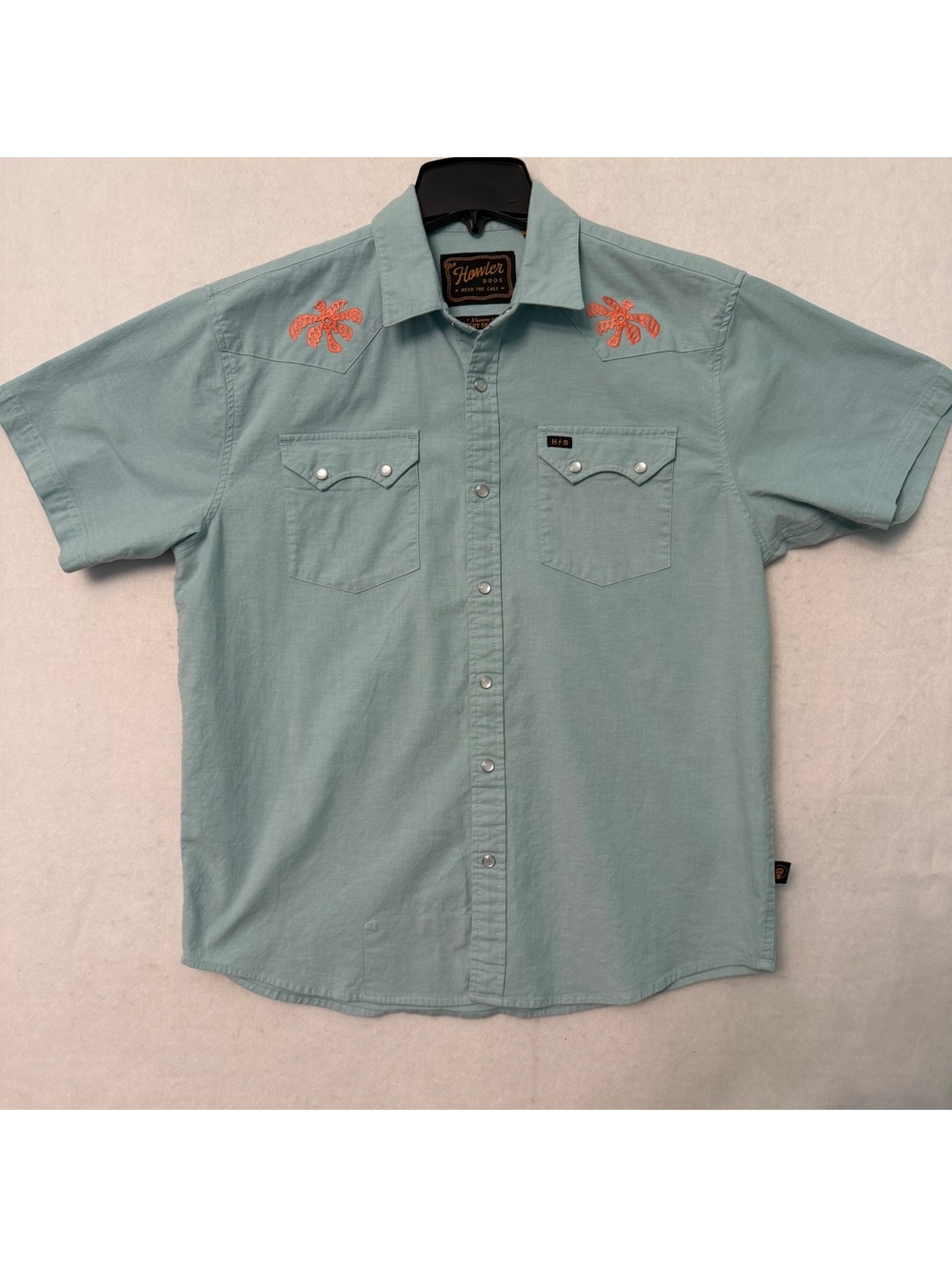 Howler Bros Crosscut Deluxe Snap Shirt Men's MEDIUM Fronds Leaf Nile Blue S/S